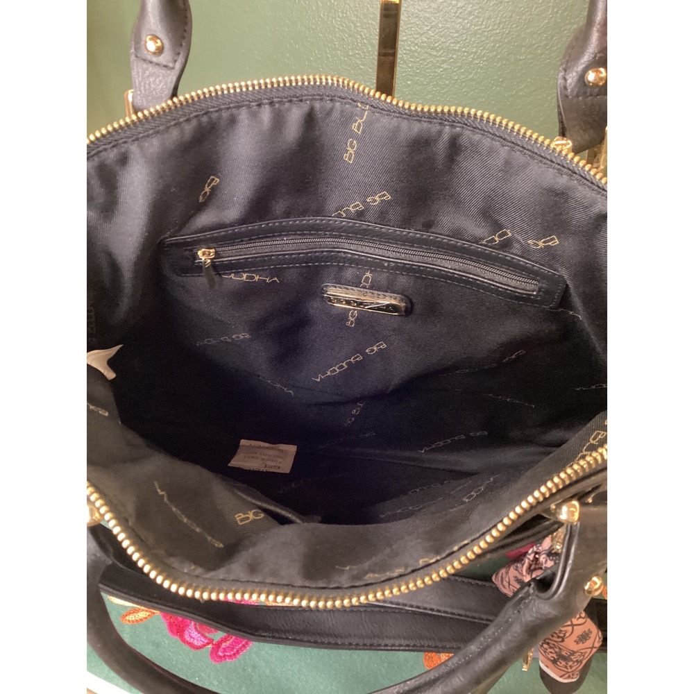 Big Buddha Satchel Handbag Black Monogram Gold Hardware Scarf Charm - Picture 5 of 6